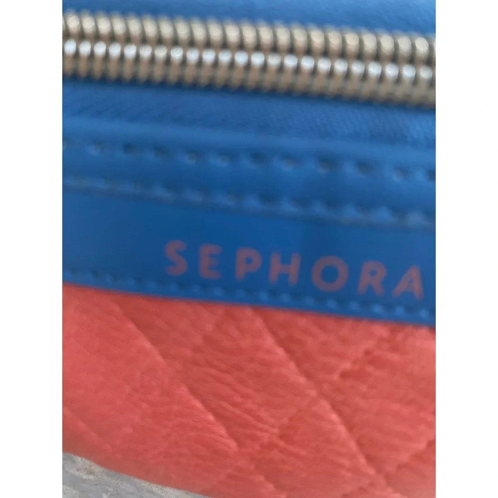 Sephora Quilted Makeup Bag Coral Pink Blue Trim Zippered Travel Train Case